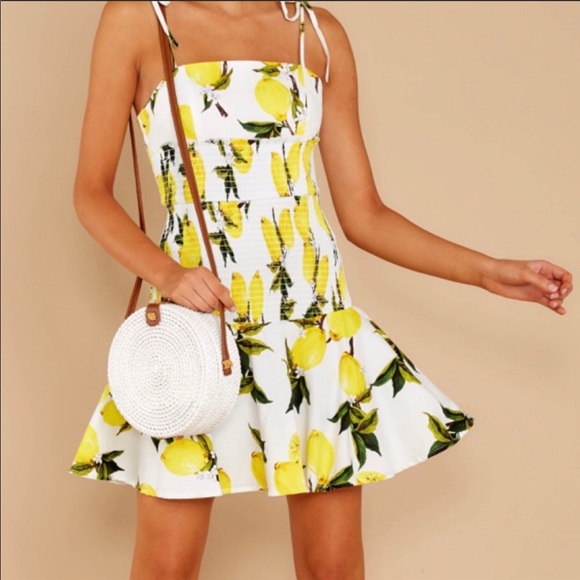 English Factory Lemon Tie Shoulder Shirred Dress L